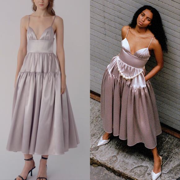 Sau Lee Dresses & Skirts - Sau Lee Adrienne Satin Metallic Tiered Dress Gown Silver
